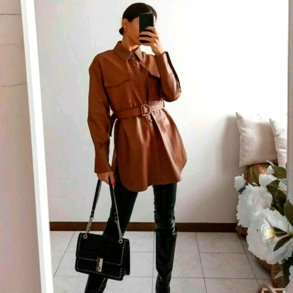 Zara Faux Leather Belted Overshirt Dress - Picture 4 of 16